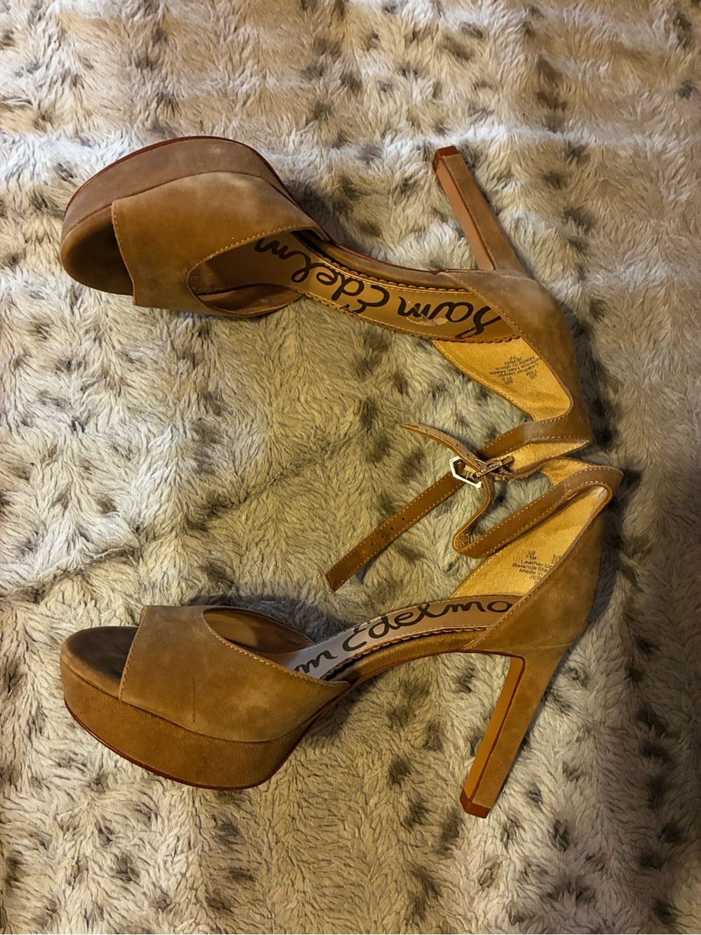 Sam Edelman Tan Suede Peep-Toe Ankle Strap Stiletto Heels- Size 7 1/2 - Picture 5 of 16
